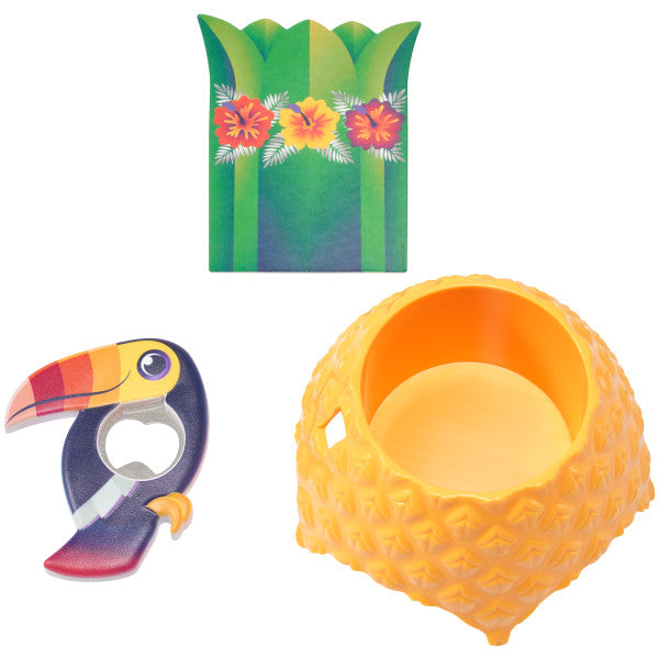 Tropical Vibes DecoSet® featuring a pineapple cup holder, a toucan bottle opener, and a tropical-themed card.