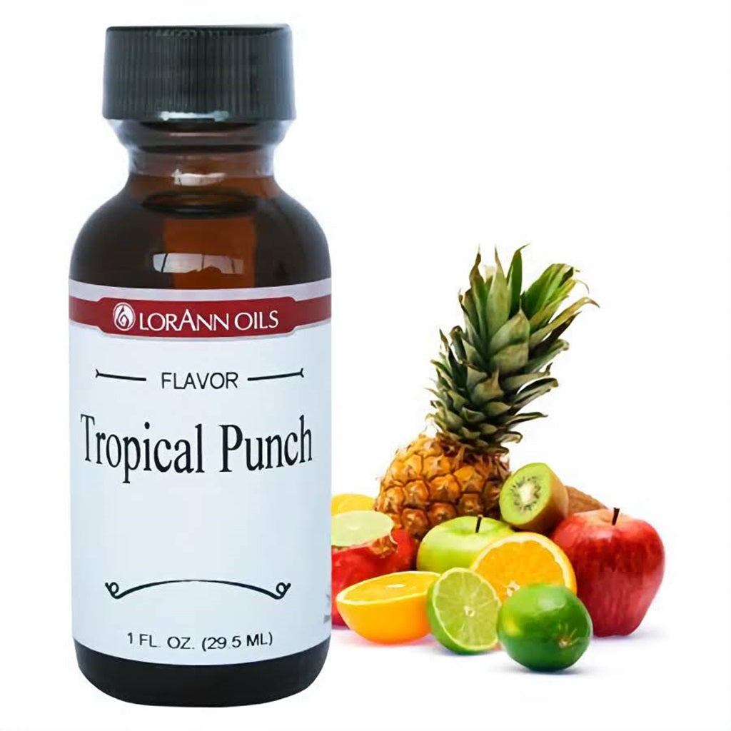 Bottle of LorAnn Tropical Punch Flavor, surrounded by a colorful assortment of tropical fruits, suggesting a versatile use for enhancing tropical-inspired confections.
