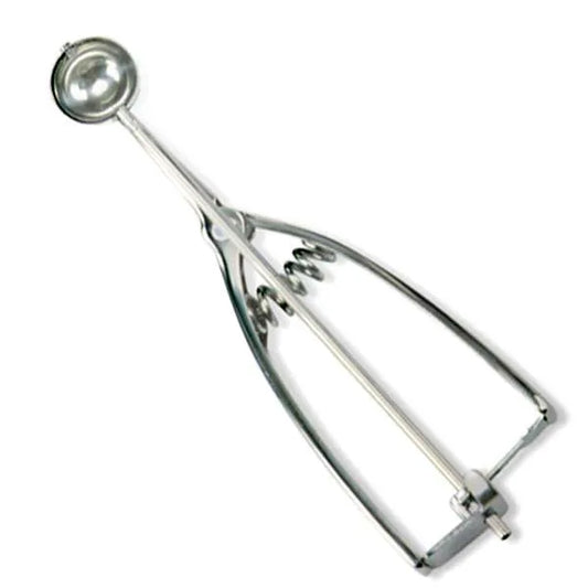 Stainless steel truffle scoop with spring-loaded handle, ideal for portioning small treats like truffles or mini cookies.