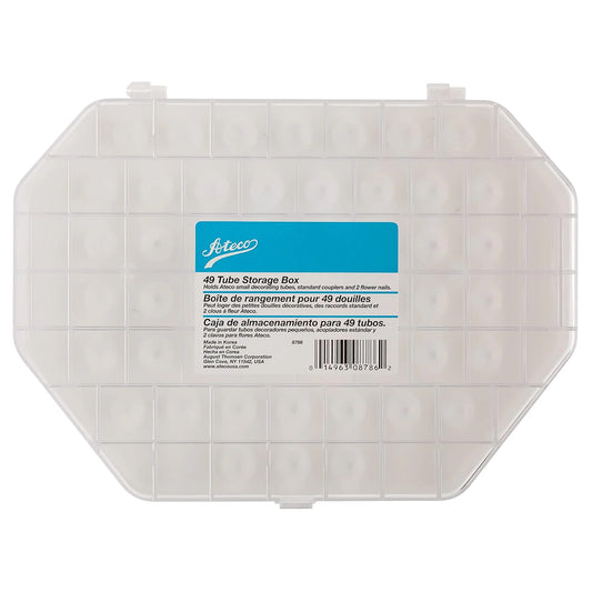 Ateco piping tip storage box closed, clear plastic case with a blue-and-white label reading “49 Tube Storage Box,” shown on a white background.
