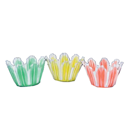 Three mini tulip baking cups in pastel green, yellow, and orange with white accents, each featuring fluted petal-like edges for a floral-inspired presentation.