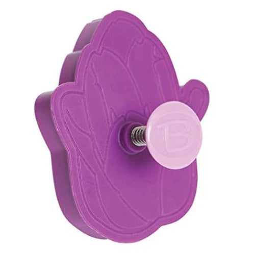 Purple tulip-shaped plunger stamp cookie cutter with a light pink button plunger, shown from the side on a white background.