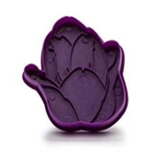 Purple tulip-shaped cookie cutter showing the inside stamping plate with embossed tulip petal details on a white background.