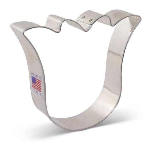 Metal cookie cutter shaped like a tulip with a Made in USA sticker.