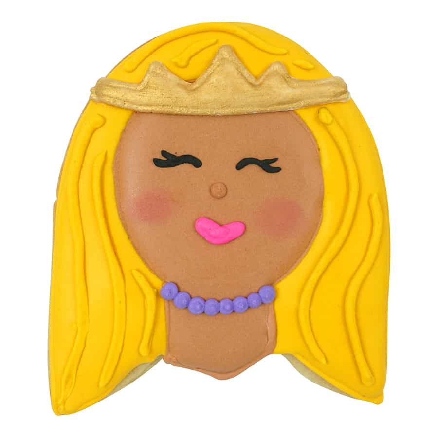 Princess-shaped cookie decorated with golden yellow icing for the hair, a crown, and a necklace, made using a tulip bloom cookie cutter.