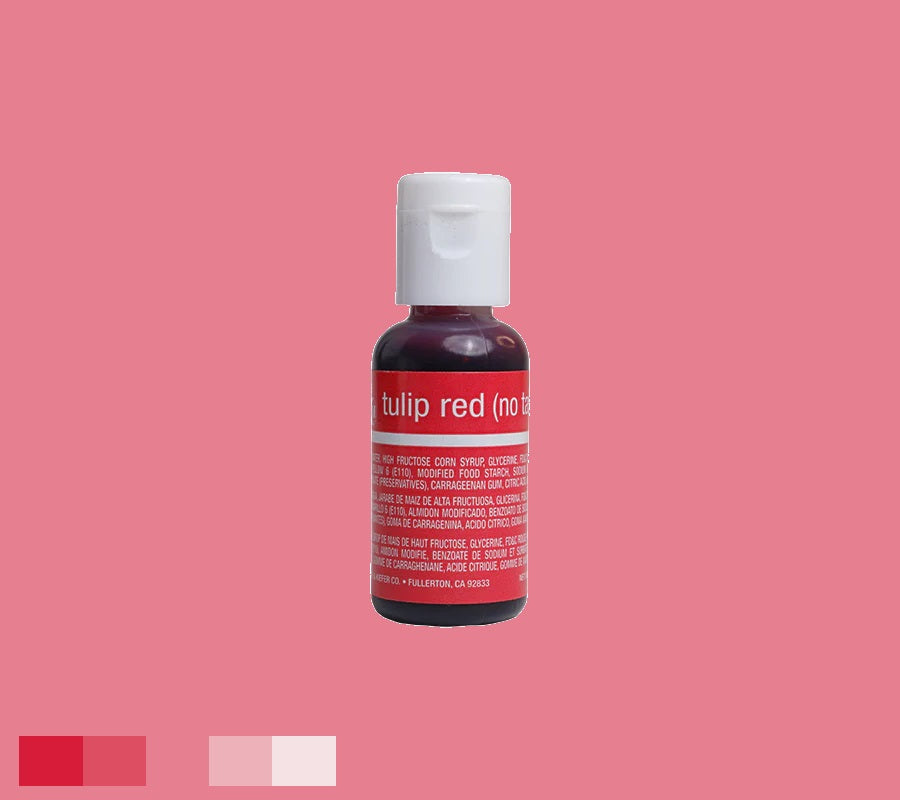 No-taste Tulip Red Chefmaster liqua-gel, 0.70 oz, for coloring without altering flavor, presented with white cap, on a soft pink background.