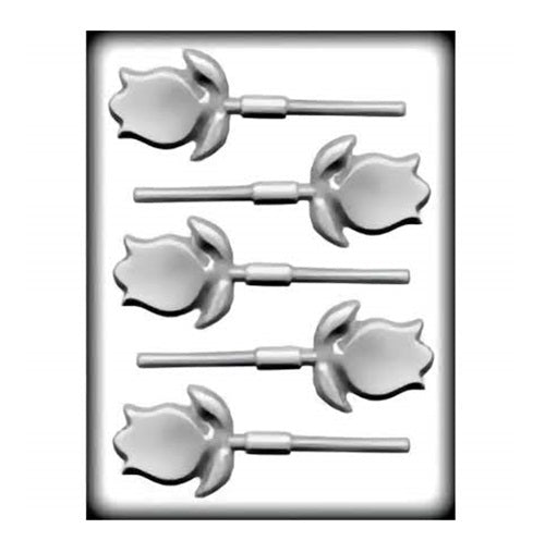 This is an image of a white plastic hard candy mold featuring six tulip-shaped cavities with long stems. The tulips are designed to create lollipop-style candies, each tulip measuring approximately 2 5/8 inches in size. The mold is laid out in a 2x3 grid, showing the front view of the tulip shapes, which are detailed with petals and a bulbous base, indicating the flower's bloom.