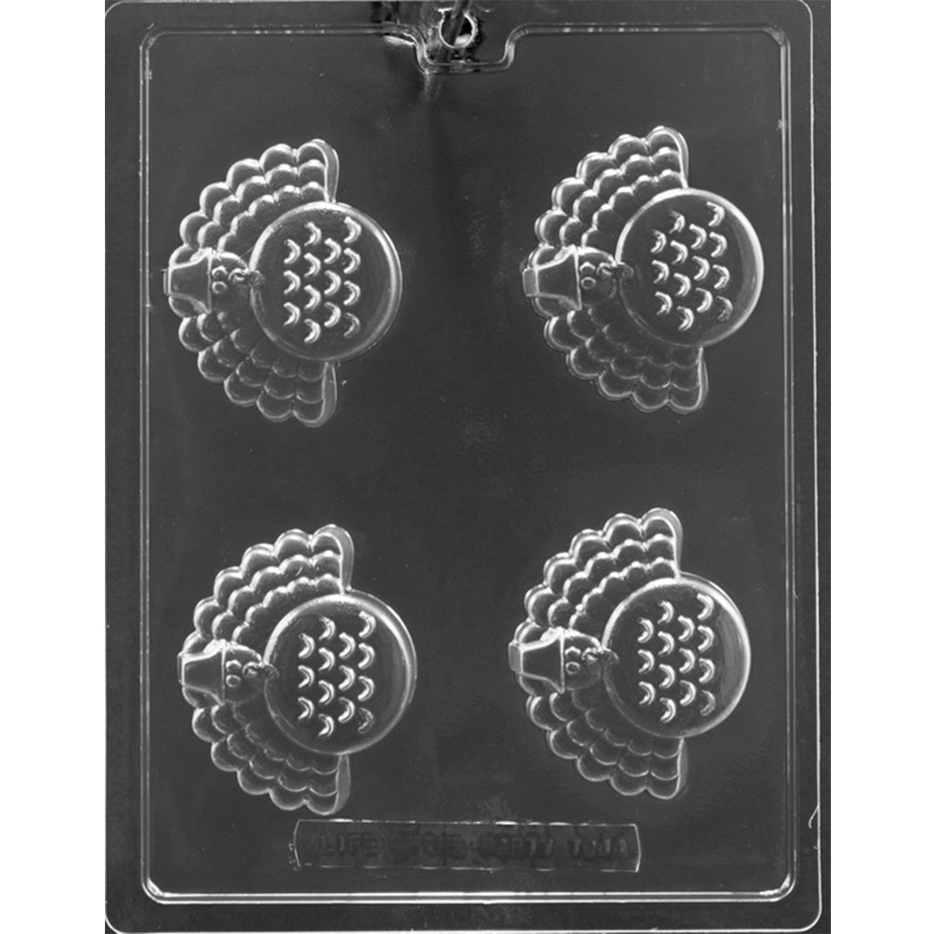 Turkey-shaped chocolate mold designed for chocolate-covered Oreos, featuring four cavities, perfect for Thanksgiving-themed treats.