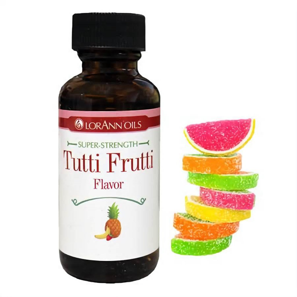 LorAnn Super Strength Tutti Frutti Flavor in a brown bottle with vibrant candy slices, suitable for adding a fruity twist to treats and baked goods.