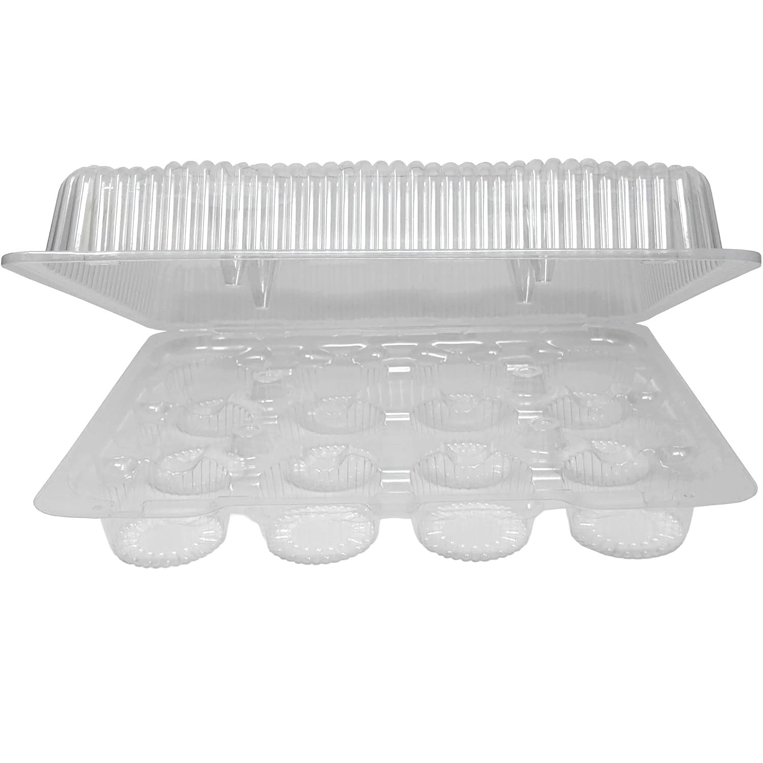 Clear plastic 12-cavity cupcake container shown open with a hinged lid, revealing molded cupcake wells and a ribbed, domed top on a white background.