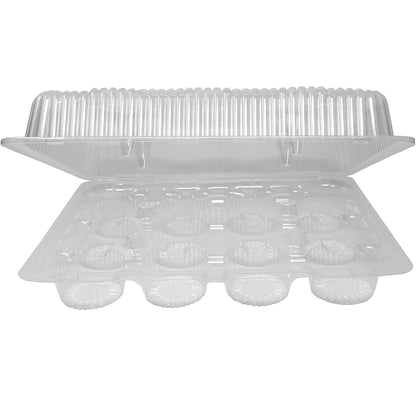 Clear plastic 12-cavity cupcake container shown open with a hinged lid, revealing molded cupcake wells and a ribbed, domed top on a white background.