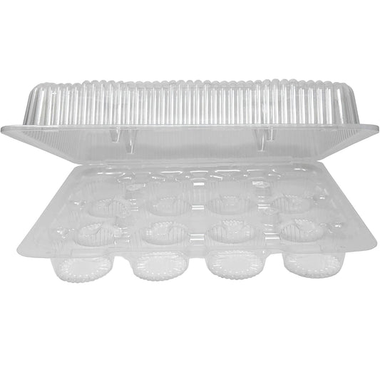 Clear plastic 12-cavity cupcake container shown open with a hinged lid, revealing molded cupcake wells and a ribbed, domed top on a white background.