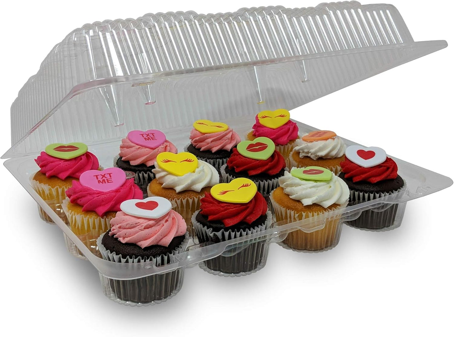 Twelve decorated cupcakes inside a clear 12-count cupcake container with an open lid.