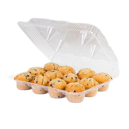 Clear plastic 12-cavity container holding mini muffins with a hinged lid propped open, showing the molded wells and ribbed lid.