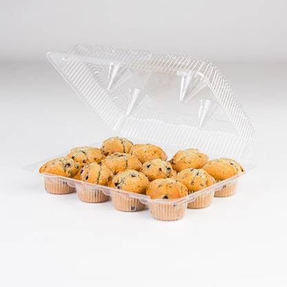 Clear 12-cup hinged cupcake and muffin container with a dome lid.