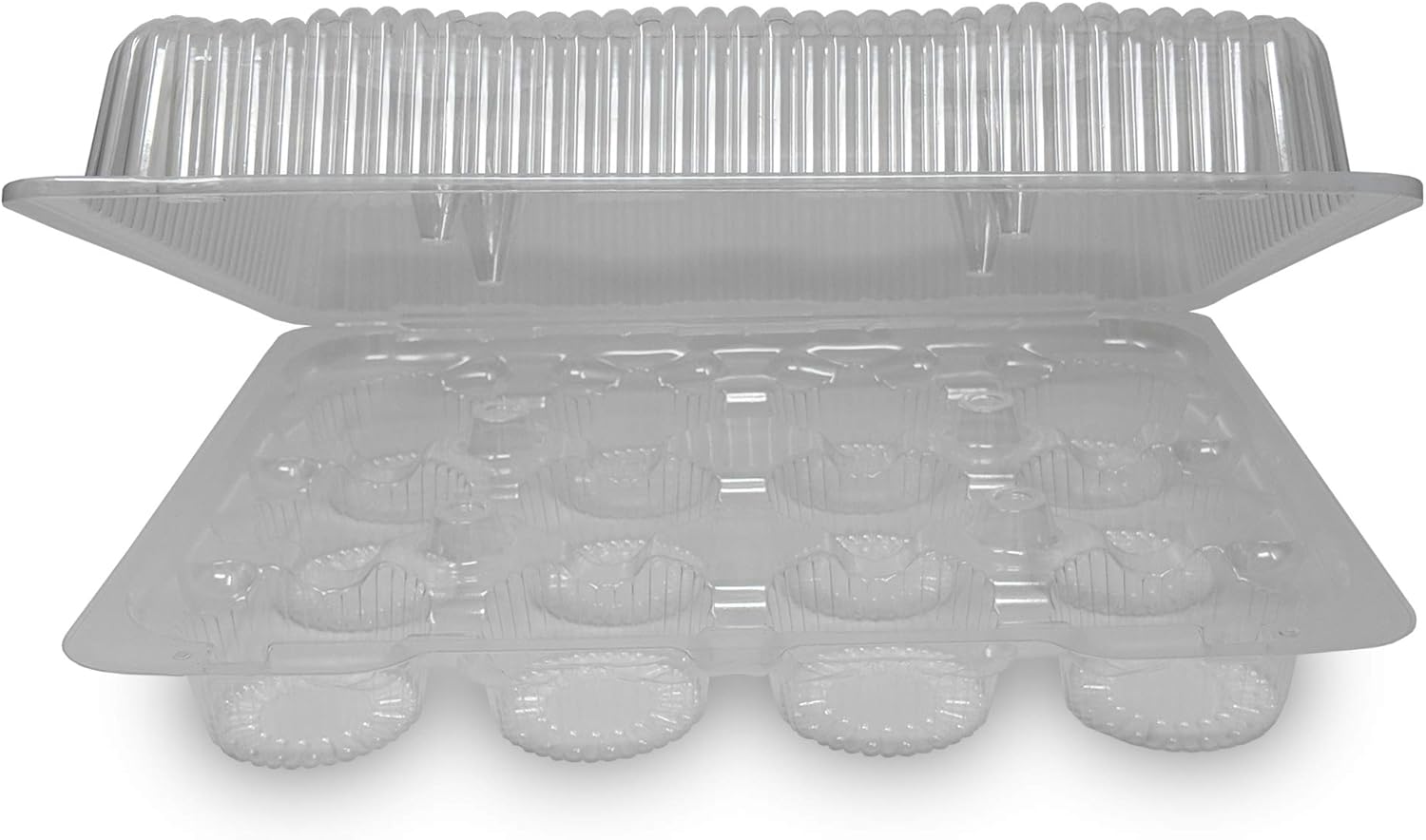 Interior view of a 12-count cupcake container showing individual cupcake holders and secure locking mechanism