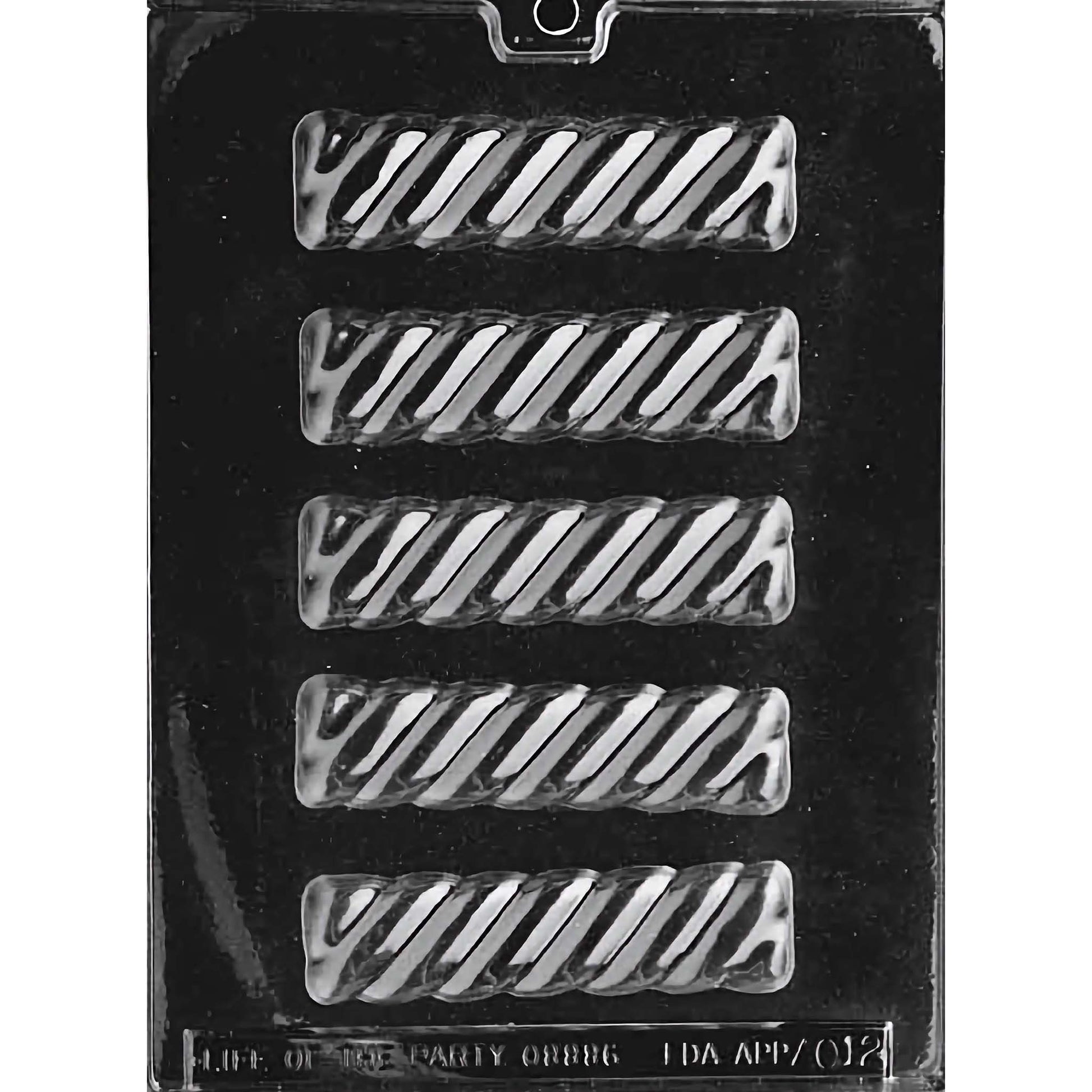 Twist Bar chocolate mold with 5 cavities, each forming a chocolate bar with a unique twisted design, made from food-grade plastic.