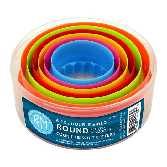 Set of 6 double-sided round cookie and biscuit cutters in bright colors, featuring smooth edges, neatly stored in a round container.