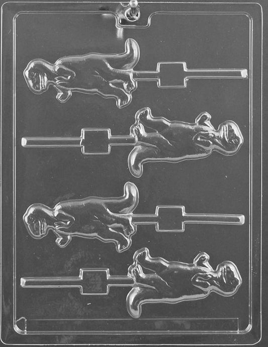 Plastic candy mold with four lollipop cavities shaped like Tyrannosaurus Rex dinosaurs standing upright with detailed heads, tails, and legs, designed for chocolate or candy pops.