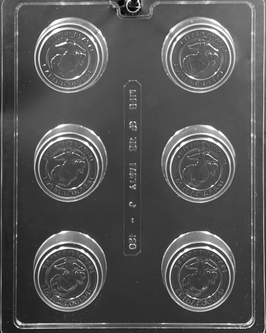 Clear six-cavity cookie-style chocolate mold featuring the United States Marine Corps emblem in each round cavity; raised coin design for patriotic chocolates.