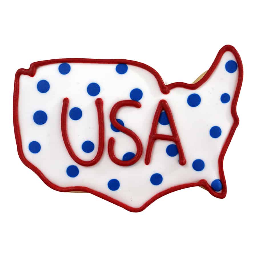 A USA map-shaped cookie decorated with white icing, blue polka dots, and the letters "USA" in red, showcasing another design option using the USA Map Cookie Cutter.