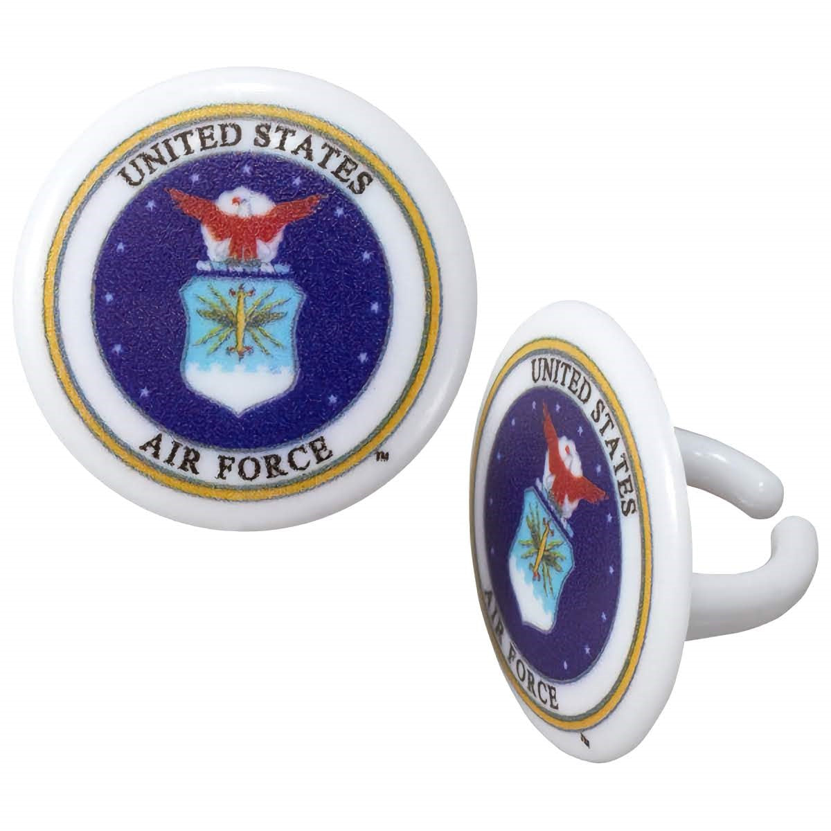 United States Air Force cupcake topper rings, featuring an intricately designed emblem with an eagle, stars, and blue background, suitable for Air Force retirement or celebration cakes.