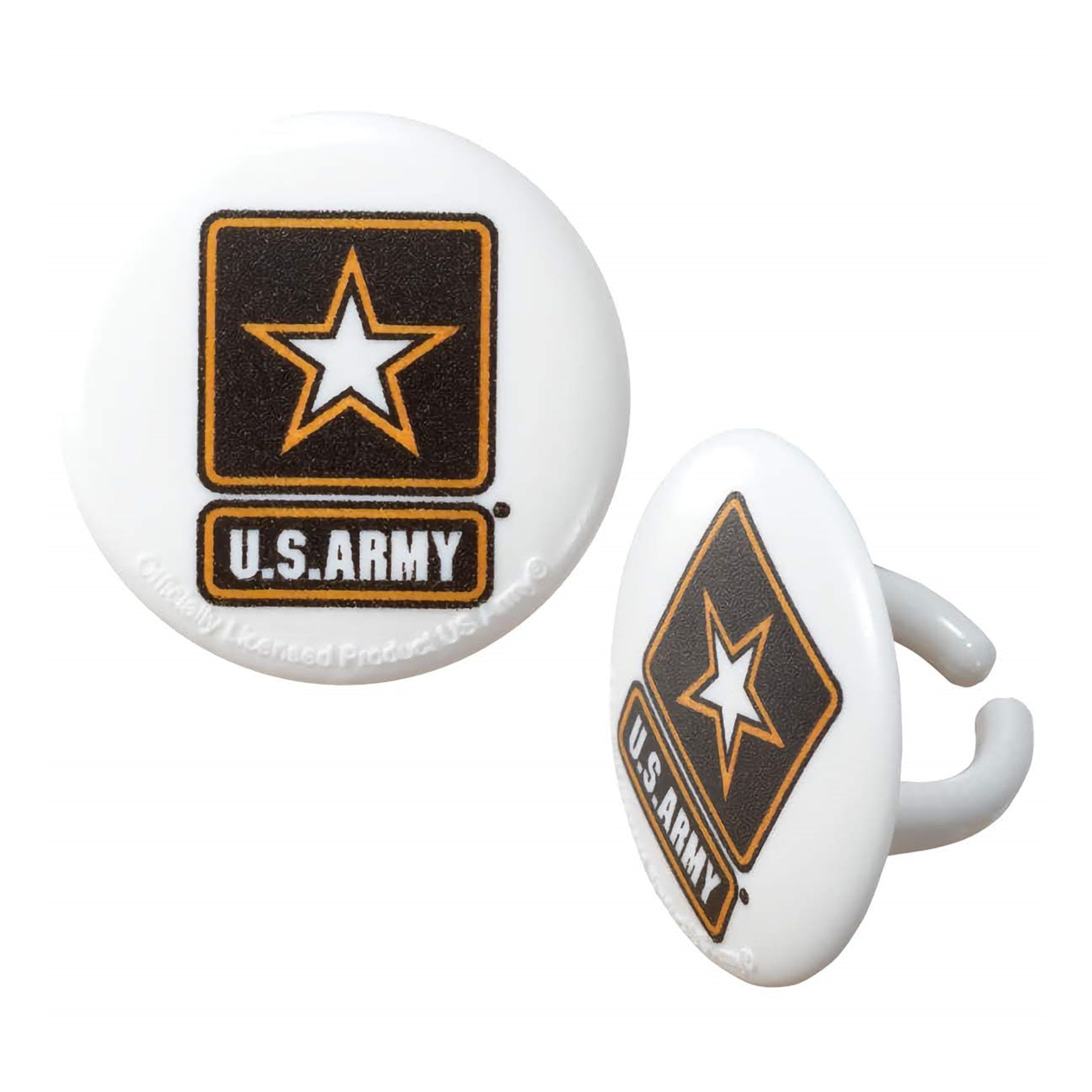 U.S. Army cupcake topper rings, featuring the Army star logo on a square background, appropriate for Army promotion parties, boot camp graduations, or to show support for troops.