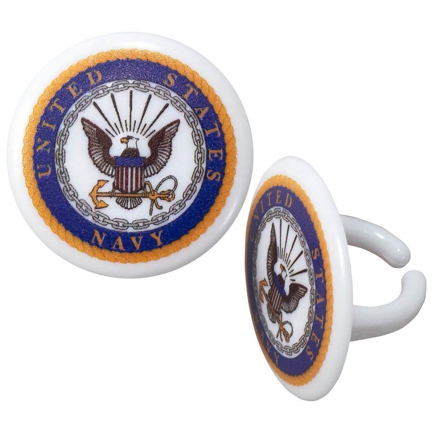 United States Navy cupcake topper rings, displaying the Navy emblem with an eagle and anchor, fitting for Navy enlistment celebrations, graduations, or honoring service members.