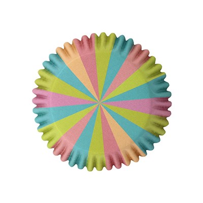 Bottom view of a pastel unicorn color cupcake case with a radial starburst design in pink, green, blue, and yellow.