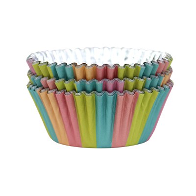 Stack of pastel unicorn foil-lined cupcake cases showing vibrant rainbow-striped sides and metallic interior.