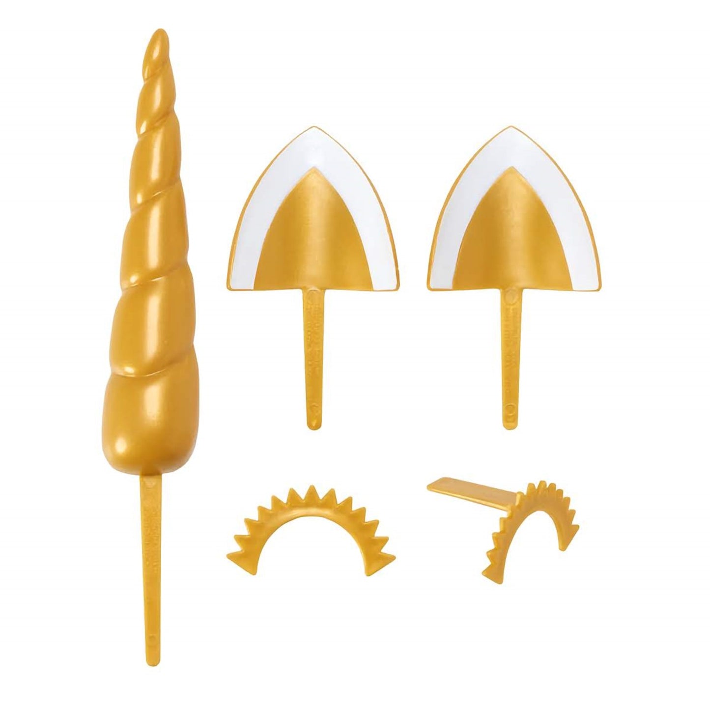 Complete unicorn cake decorating kit including golden horn and ears, designed to transform any cake into a mythical masterpiece, from Lynn's Cake, Candy, and Chocolate Supplies.