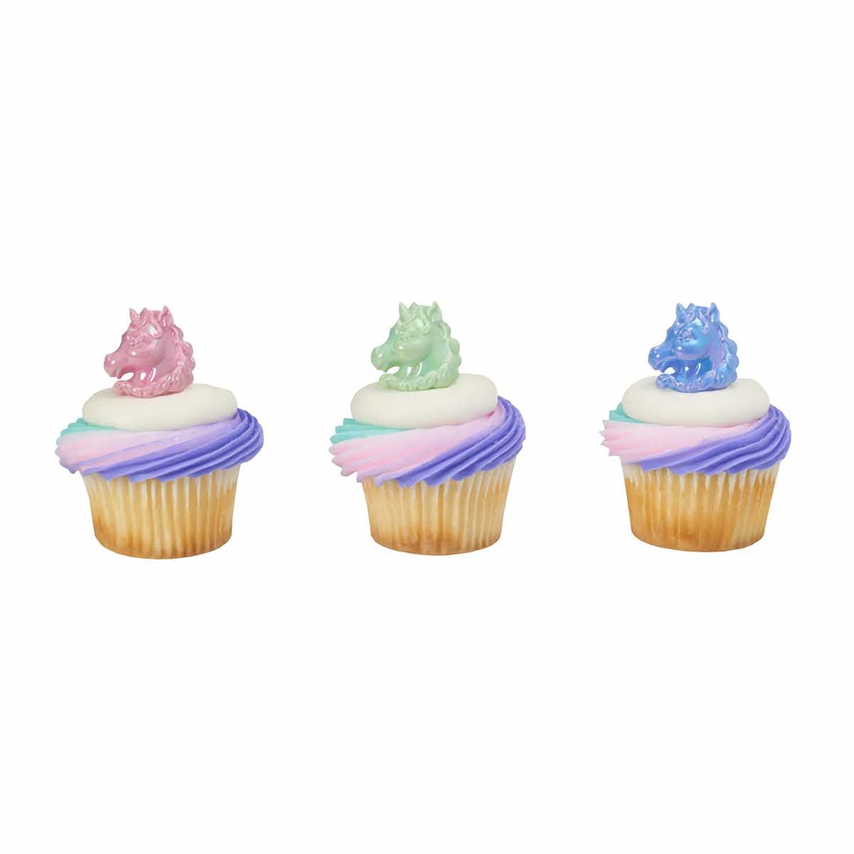 Colorful unicorn head cupcake topper rings, adding a fantastical element to cupcakes and treats, a creative topping available at Lynn's Cake, Candy, and Chocolate Supplies.