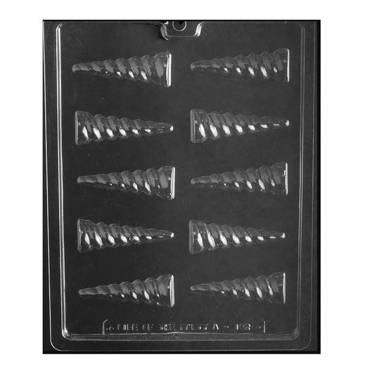 Image of a clear plastic chocolate mold designed for creating unicorn horn shapes. The mold features ten cavities, each with a detailed spiral pattern resembling a whimsical unicorn horn. The design allows for easy pouring and chocolate release, perfect for creating enchanting treats for parties or special occasions.