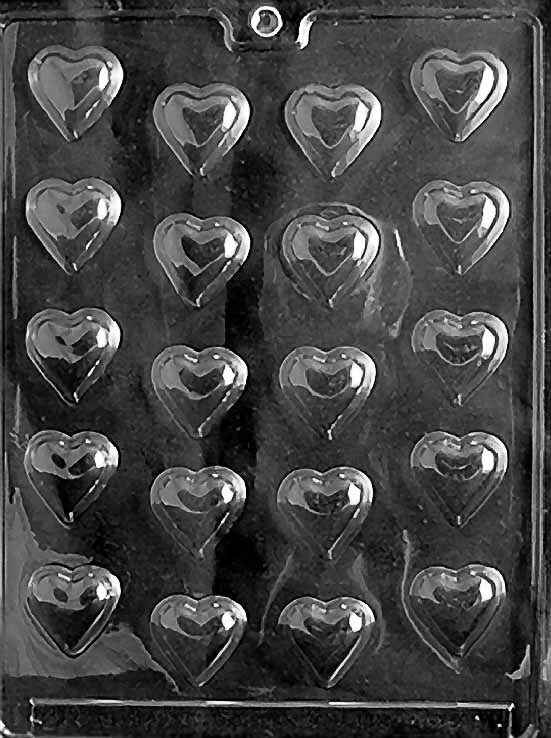 BITE SIZE HEARTS chocolate mold showing multiple small heart cavities; compact shapes with smooth surfaces on clear sheet.