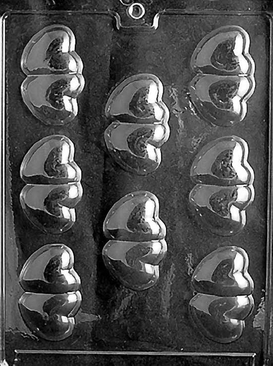 DOUBLE HEARTS chocolate mold with two connected heart cavities; clear mold sheet.