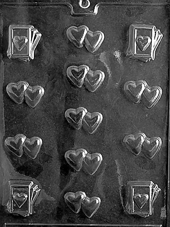 DOUBLE HEART ASSORTMENT chocolate mold with multiple paired heart cavities; clear sheet.