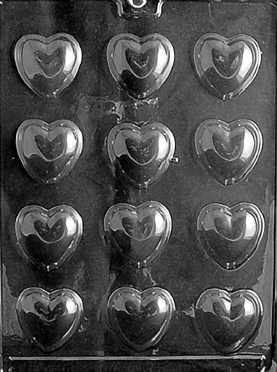 MEDIUM HEARTS chocolate mold with cavities shaped like smooth medium hearts; clear sheet.