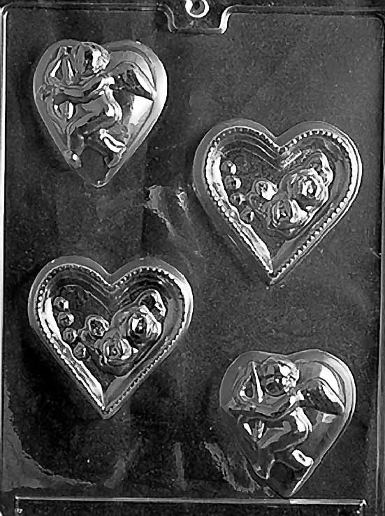 HEARTS WITH ROSE OR CUPID chocolate mold with heart cavities featuring rose and cupid designs; clear sheet.