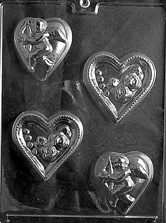 HEARTS WITH ROSE OR CUPID chocolate mold with heart cavities featuring rose and cupid designs; clear sheet.