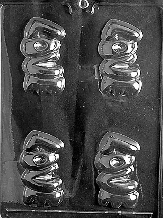 LOVE chocolate mold with rectangular cavities embossed with the word “Love”; clear sheet.
