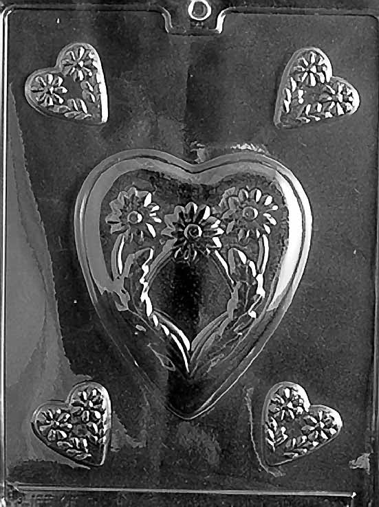 HEART & ROSE chocolate mold with assorted large and small heart-and-rose cavities; clear sheet.