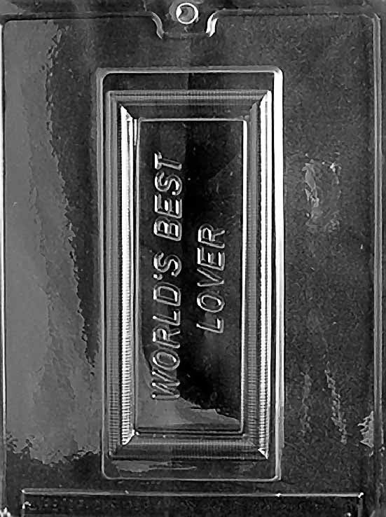 WORLD'S BEST LOVER chocolate mold with rectangular cavity embossed with “World’s Best Lover”; clear sheet.