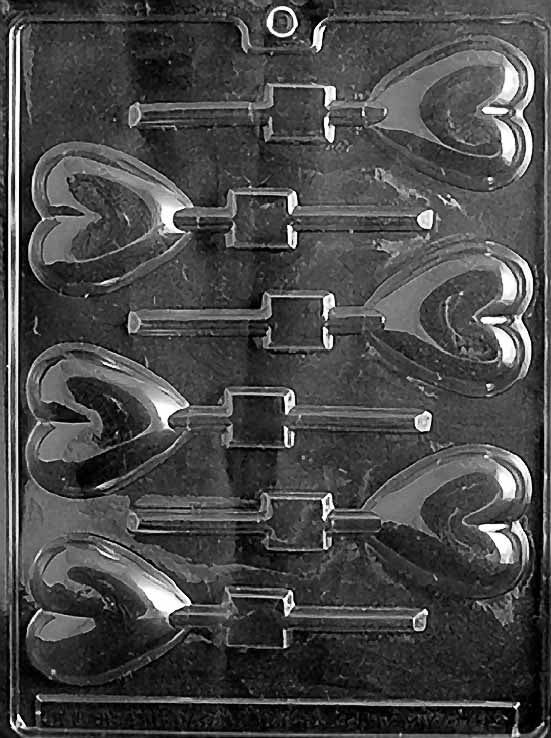 HEART Lollipop chocolate mold with heart-shaped lollipop cavities; clear mold.