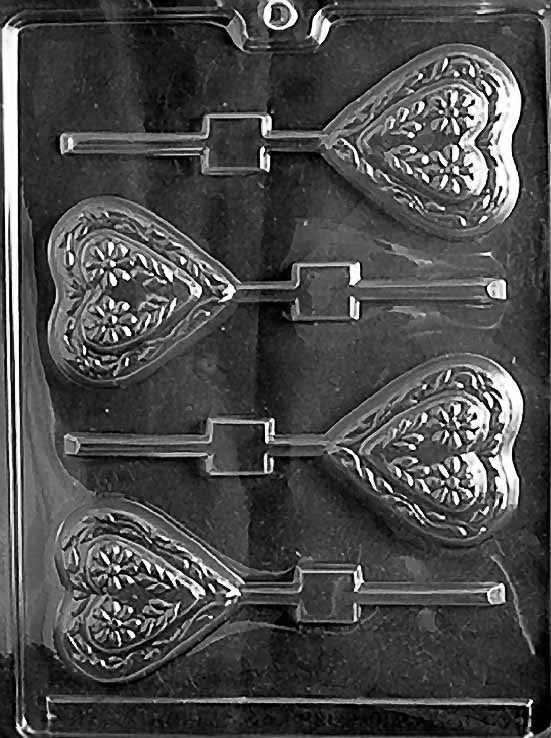 SWISS HEART Lollipop chocolate mold with large smooth heart lollipop cavities; clear mold.