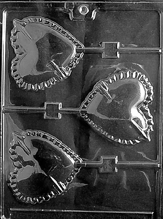 HEART WITH ARROW Lollipop chocolate mold with large heart and arrow lollipop cavities; clear mold.