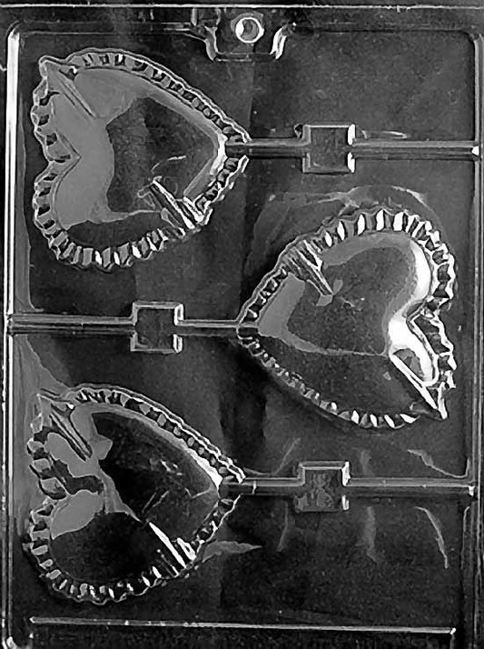HEART WITH ARROW Lollipop chocolate mold with large heart and arrow lollipop cavities; clear mold.