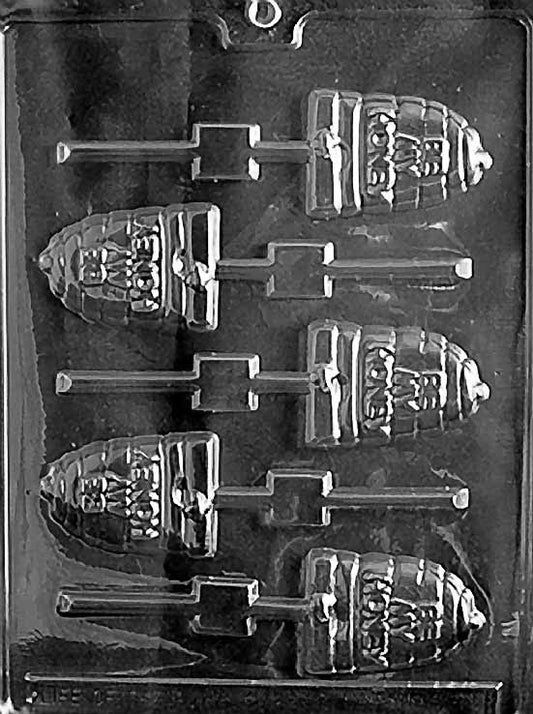 BE MY HONEY Lollipop chocolate mold with lollipop cavities embossed with “Be My Honey”; clear mold.