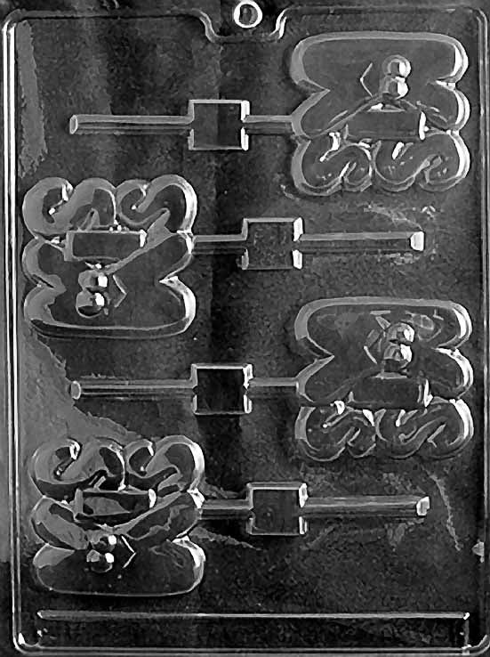 KISS Lollipop chocolate mold with heart lollipop cavities embossed with “Kiss”; clear mold.