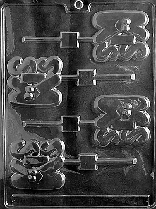 KISS Lollipop chocolate mold with heart lollipop cavities embossed with “Kiss”; clear mold.