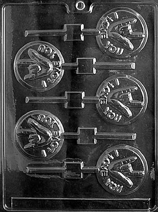 I LOVE YOU / SIGN LANGUAGE Lollipop chocolate mold with round lollipop cavities embossed with sign language “I Love You”; clear mold.